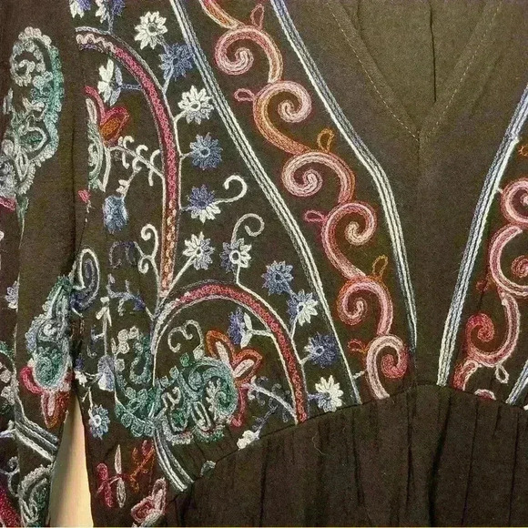 Embroidered ReneeC Black Multicolor Print Boho Maxi Dress Bohemian Peasant Lined - Picture 5 of 9